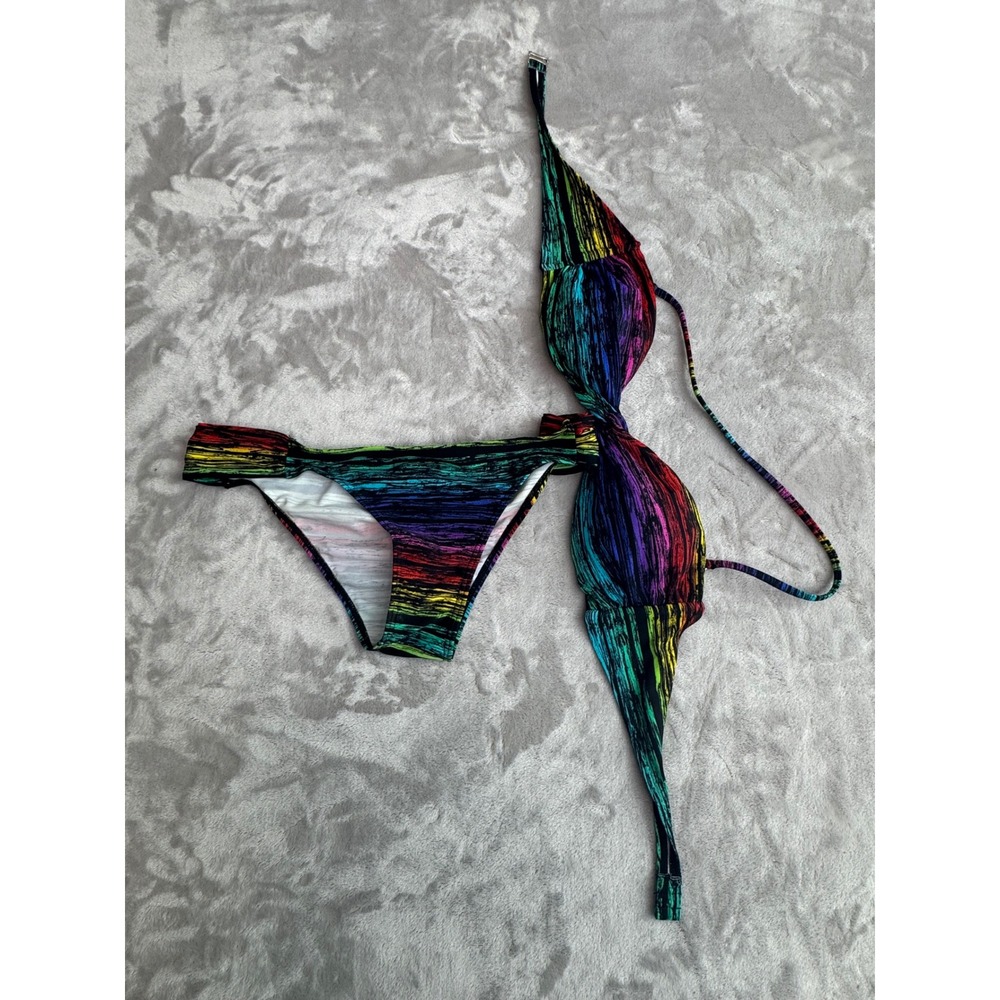 Joe Boxer Womens Rainbow Prism Bandeau Halter Bikini Set Multicolor Large